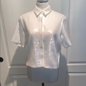 Theory White Sequin Button Down Shirt
